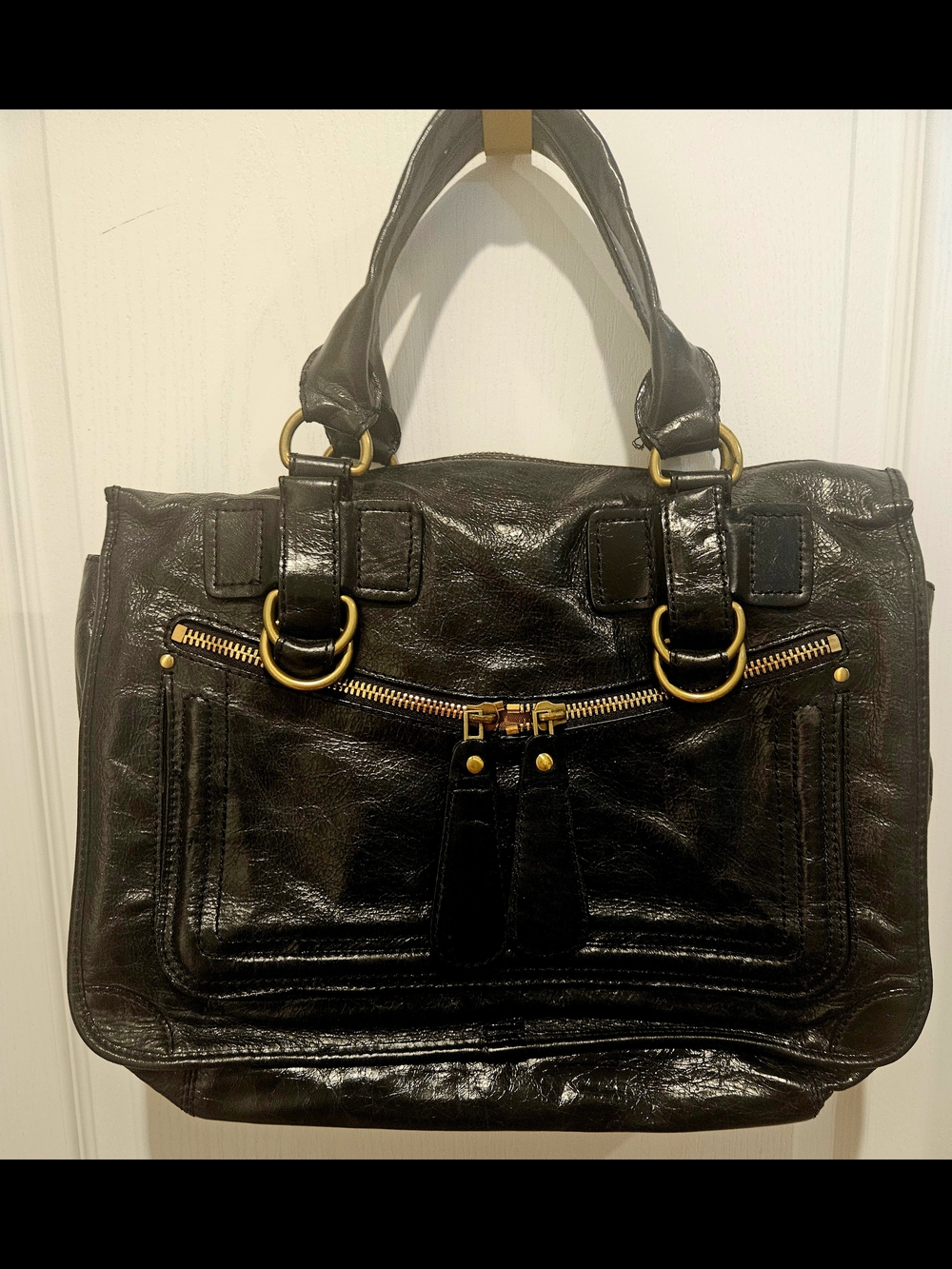 Classic Black Leather Satchel with Gold Hardware